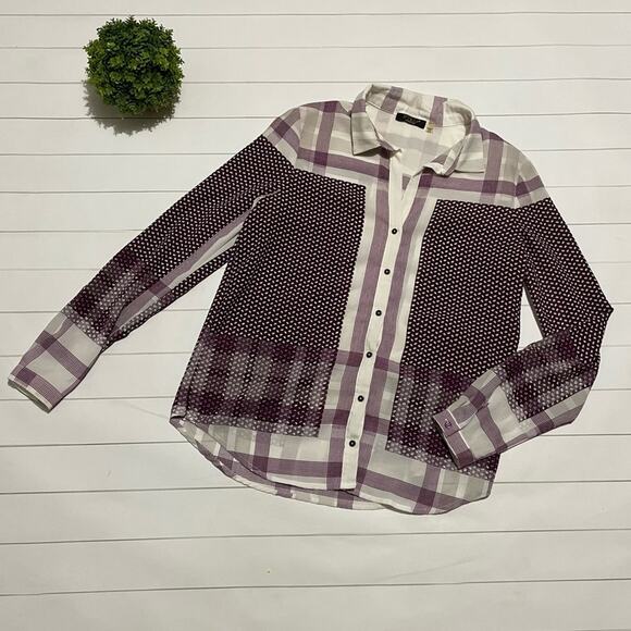 FYLO London Maroon White Plaid Chiffon Sheer‎ Button Front Top Blouse Small - Picture 1 of 7